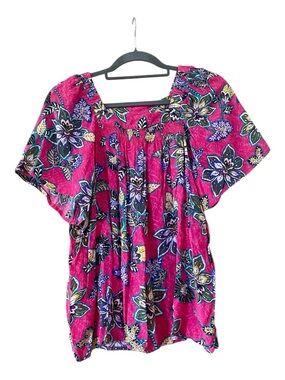 LOFT Pink Floral Peasant Top Smocked Neck Boho Blouse XS